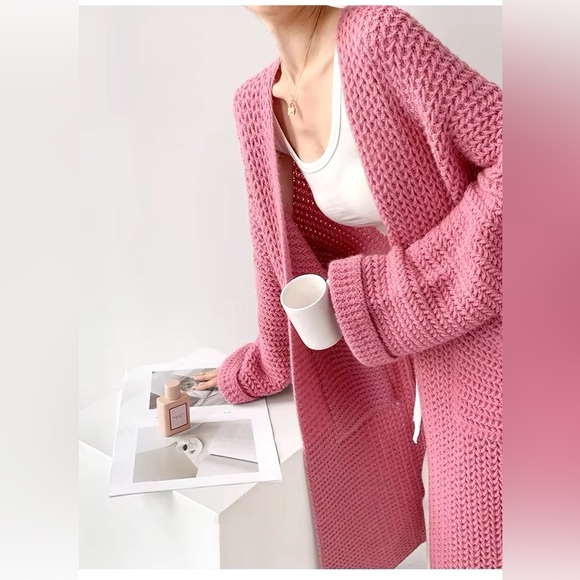 Sweater knit cardigan pocket wide sleeve boho rose pink NWT - Picture 2 of 10